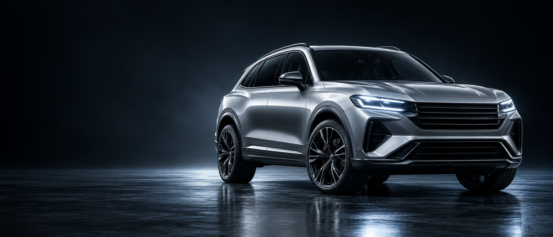 Illustrative silver SUV in a dark studio, its headlight and body details highlighted